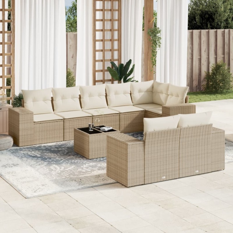 vidaXL Set de sofás de jardín 9 pzas con cojines ratán sintético beige vidaXL Set de sofás de jardín 9 pzas con cojines ratán sintético beige
