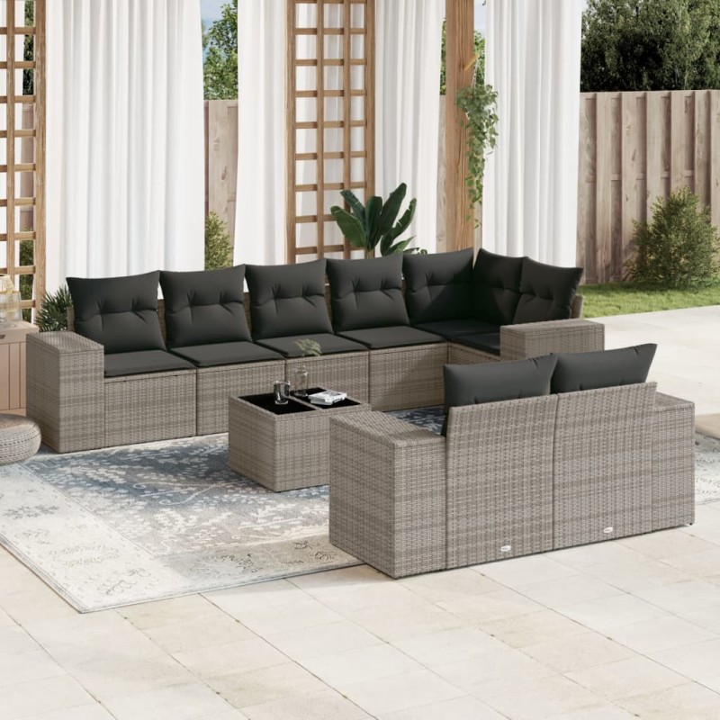 vidaXL Set de muebles de jardín 9 pzas y cojines ratán sintético gris vidaXL Set de muebles de jardín 9 pzas y cojines ratán sintético gris