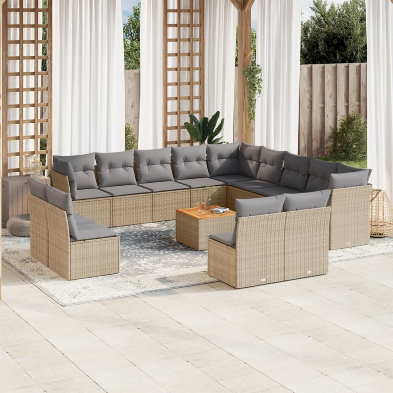 vidaXL Set sofás jardín 14 pzas y cojines ratán sintético beige mezcla vidaXL Set sofás jardín 14 pzas y cojines ratán sintético beige mezcla