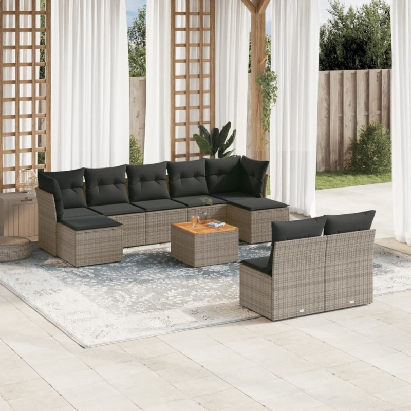 vidaXL Set de sofás de jardín 10 pzas con cojines ratán sintético gris vidaXL Set de sofás de jardín 10 pzas con cojines ratán sintético gris