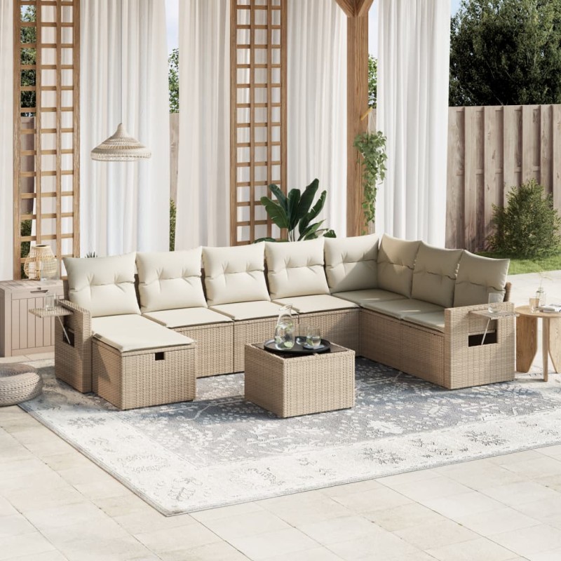 vidaXL Set de sofás de jardín 9 pzas con cojines ratán sintético beige vidaXL Set de sofás de jardín 9 pzas con cojines ratán sintético beige
