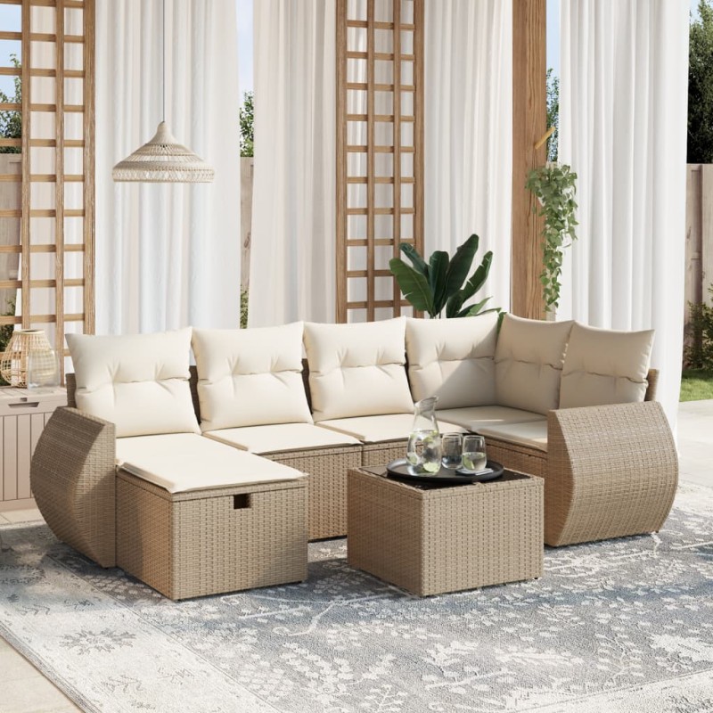 vidaXL Set sofás de jardín 7 piezas y cojines ratán sintético beige vidaXL Set sofás de jardín 7 piezas y cojines ratán sintético beige