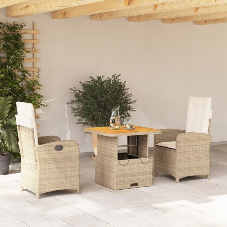 vidaXL Set comedor de jardín 3 pzas con cojines ratán sintético beige