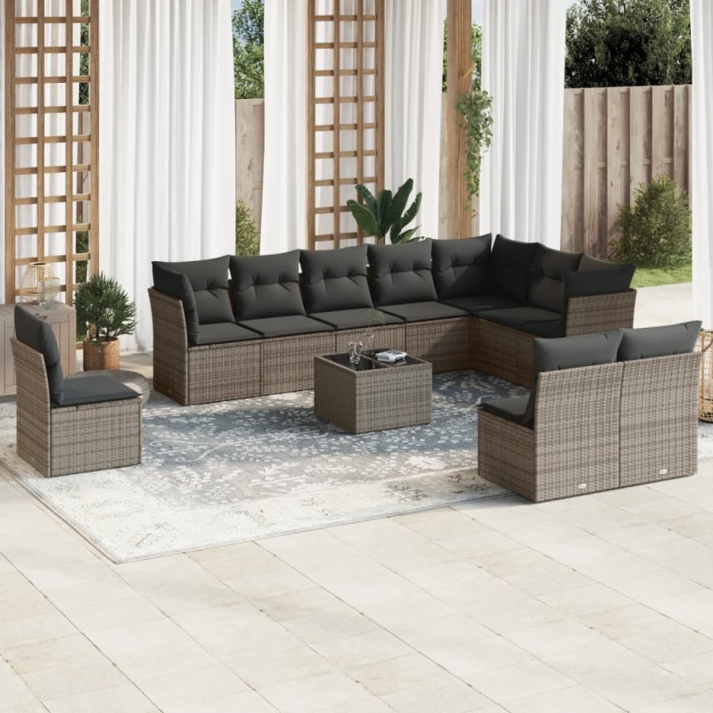 vidaXL Set de sofás de jardín 11 pzas y cojines ratán sintético gris vidaXL Set de sofás de jardín 11 pzas y cojines ratán sintético gris