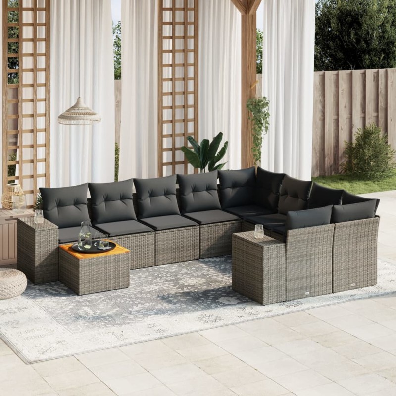 vidaXL Set de sofás de jardín 10 pzas con cojines ratán sintético gris vidaXL Set de sofás de jardín 10 pzas con cojines ratán sintético gris