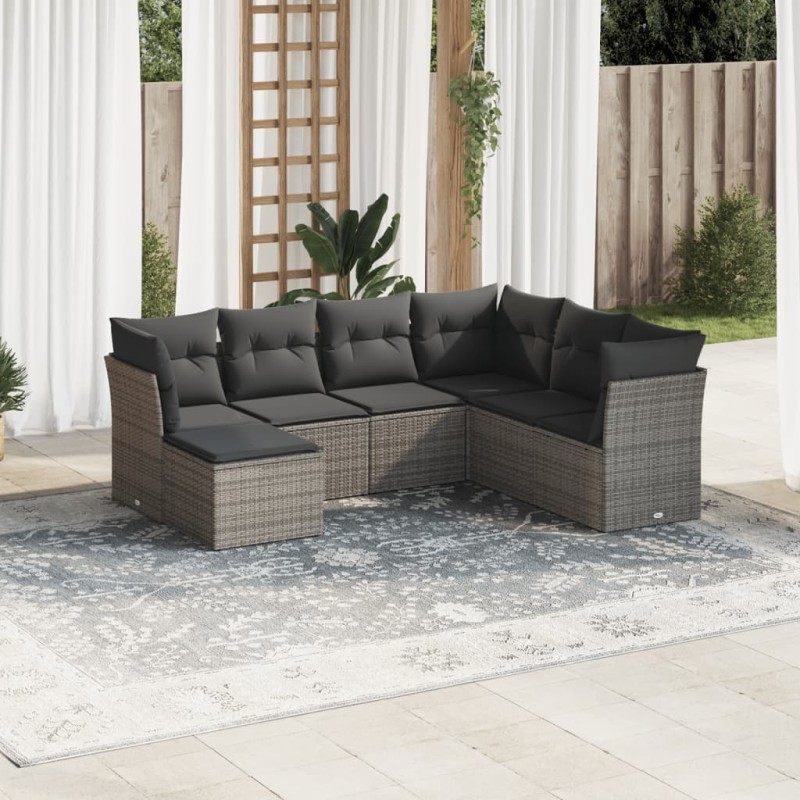 vidaXL Set de sofás de jardín 7 piezas con cojines ratán PE gris vidaXL Set de sofás de jardín 7 piezas con cojines ratán PE gris