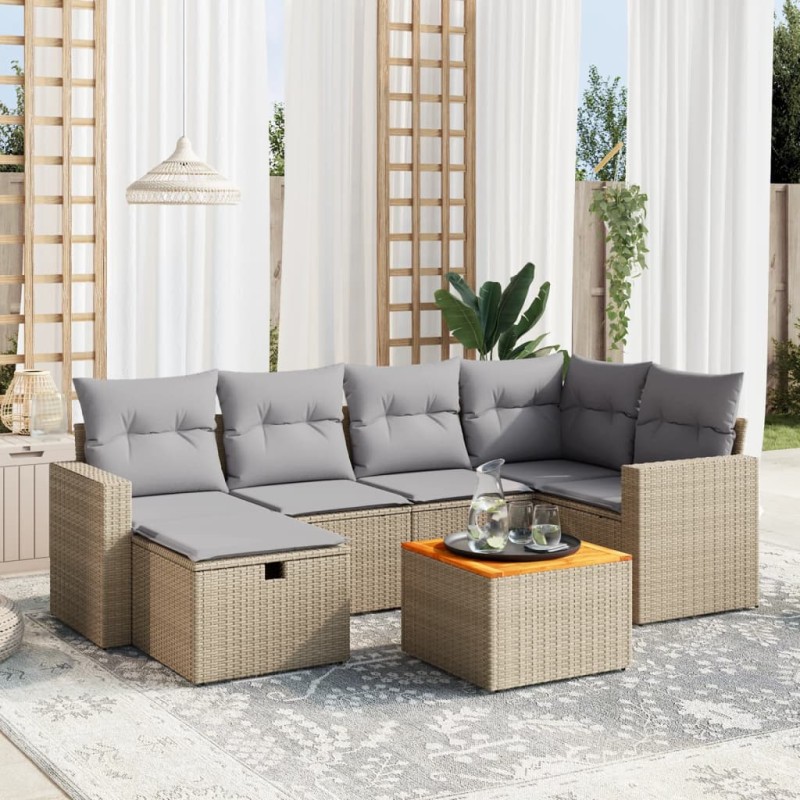 vidaXL Juego de sofás jardín con cojines beige mezcla 7 pzas ratán PE vidaXL Juego de sofás jardín con cojines beige mezcla 7 pzas ratán PE