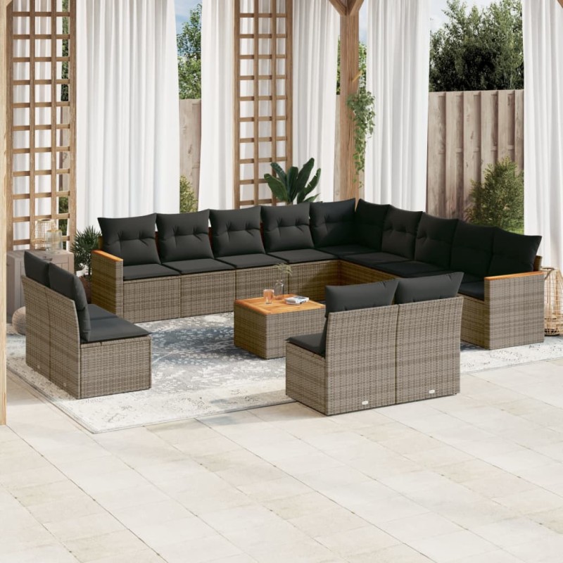 vidaXL Set de sofás de jardín 14 pzas con cojines ratán sintético gris vidaXL Set de sofás de jardín 14 pzas con cojines ratán sintético gris