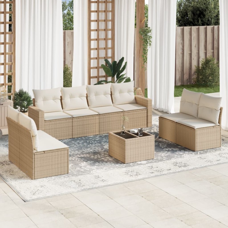 vidaXL Set de sofás de jardín 9 pzas con cojines ratán sintético beige vidaXL Set de sofás de jardín 9 pzas con cojines ratán sintético beige