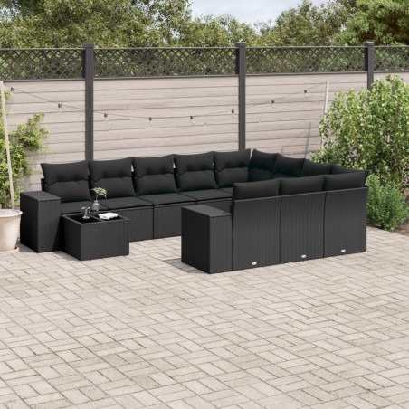 vidaXL Set de sofás de jardín 11 pzas y cojines ratán sintético negro