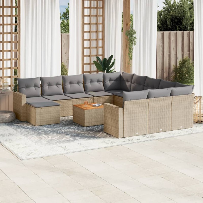 vidaXL Juego de sofás jardín con cojines beige mezcla 13 pzas ratán PE
