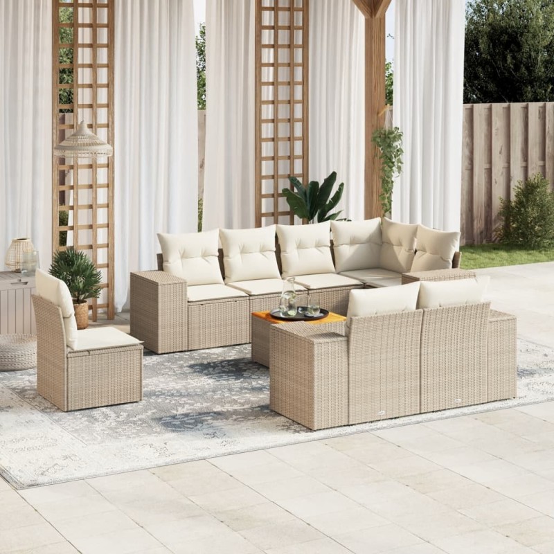 vidaXL Set de sofás de jardín 9 pzas con cojines ratán sintético beige vidaXL Set de sofás de jardín 9 pzas con cojines ratán sintético beige