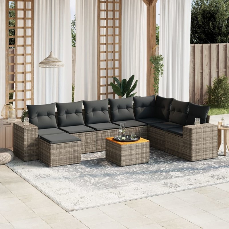 vidaXL Set de muebles de jardín 9 pzas y cojines ratán sintético gris vidaXL Set de muebles de jardín 9 pzas y cojines ratán sintético gris