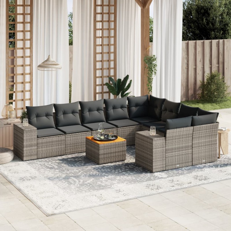 vidaXL Set de sofás de jardín 10 pzas con cojines ratán sintético gris vidaXL Set de sofás de jardín 10 pzas con cojines ratán sintético gris
