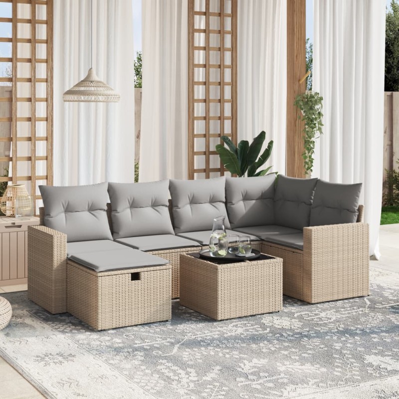 vidaXL Juego de sofás jardín con cojines beige mezcla 7 pzas ratán PE vidaXL Juego de sofás jardín con cojines beige mezcla 7 pzas ratán PE