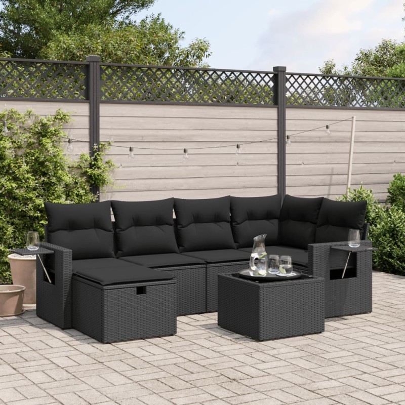 vidaXL Set de comedor de jardín 7 pzas y cojines ratán sintético negro