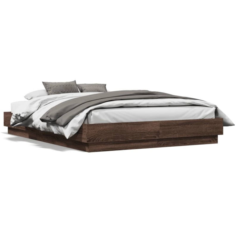 vidaXL Estructura de cama con luces LED roble marrón 135x190 cm vidaXL Estructura de cama con luces LED roble marrón 135x190 cm