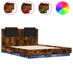 vidaXL Estructura de cama cabecero luces LED roble ahumado 140x190 cm