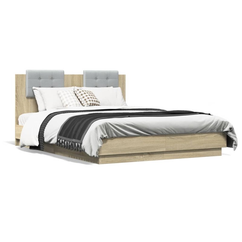 vidaXL Estructura de cama cabecero luces LED roble Sonoma 140x190 cm vidaXL Estructura de cama cabecero luces LED roble Sonoma 140x190 cm