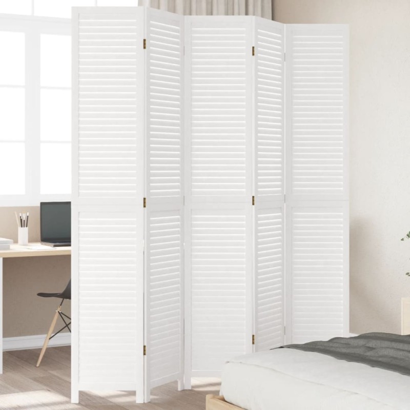 vidaXL Biombo separador de 5 paneles madera maciza Paulownia blanco vidaXL Biombo separador de 5 paneles madera maciza Paulownia blanco