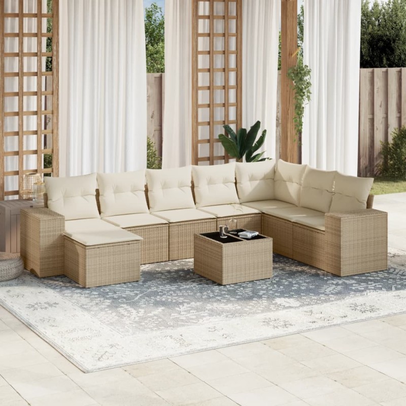 vidaXL Set de sofás de jardín 9 pzas con cojines ratán sintético beige vidaXL Set de sofás de jardín 9 pzas con cojines ratán sintético beige