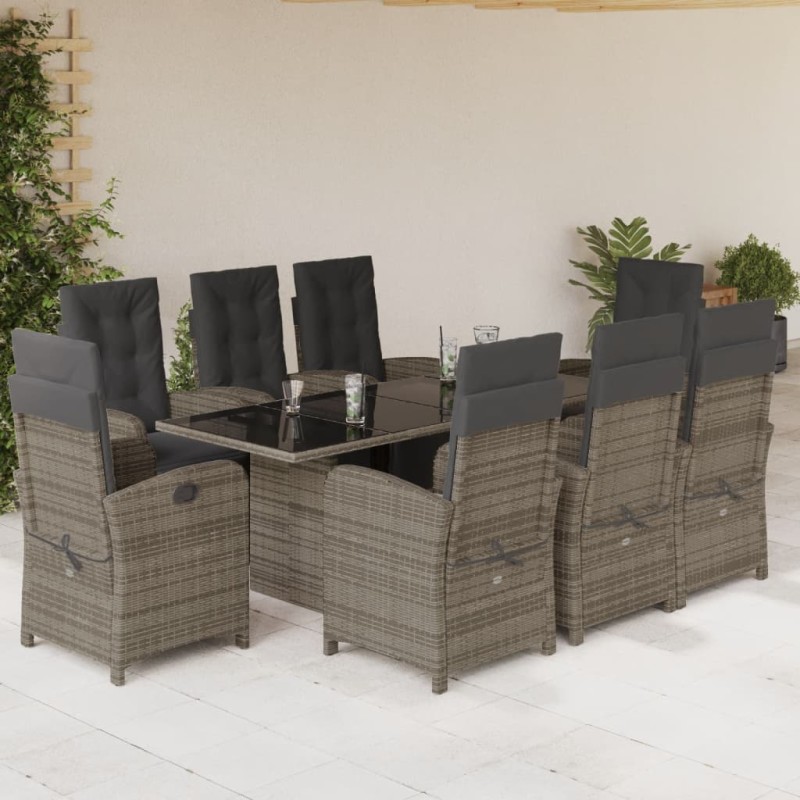 vidaXL Set comedor jardín 9 pzas y cojines ratán sintético gris