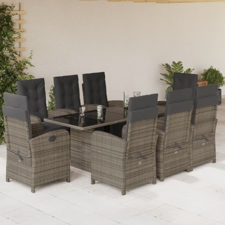 vidaXL Set comedor jardín 9 pzas y cojines ratán sintético gris