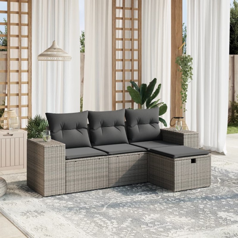 vidaXL Set de sofás de jardín 4 pzas y cojines ratán sintético gris vidaXL Set de sofás de jardín 4 pzas y cojines ratán sintético gris