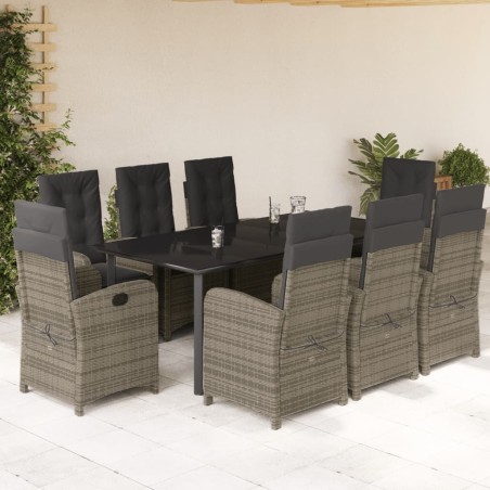 vidaXL Set comedor jardín 9 pzas y cojines ratán sintético gris