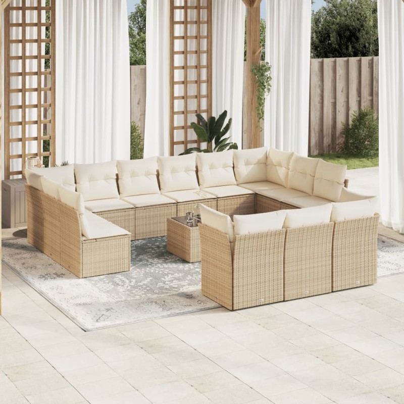vidaXL Set sofás de jardín 14 pzas con cojines ratán sintético beige vidaXL Set sofás de jardín 14 pzas con cojines ratán sintético beige