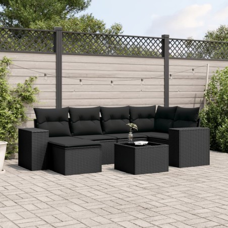 vidaXL Set de comedor de jardín 7 pzas y cojines ratán sintético negro