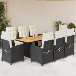 vidaXL Set de comedor de jardín 9 pzas y cojines ratán sintético negro