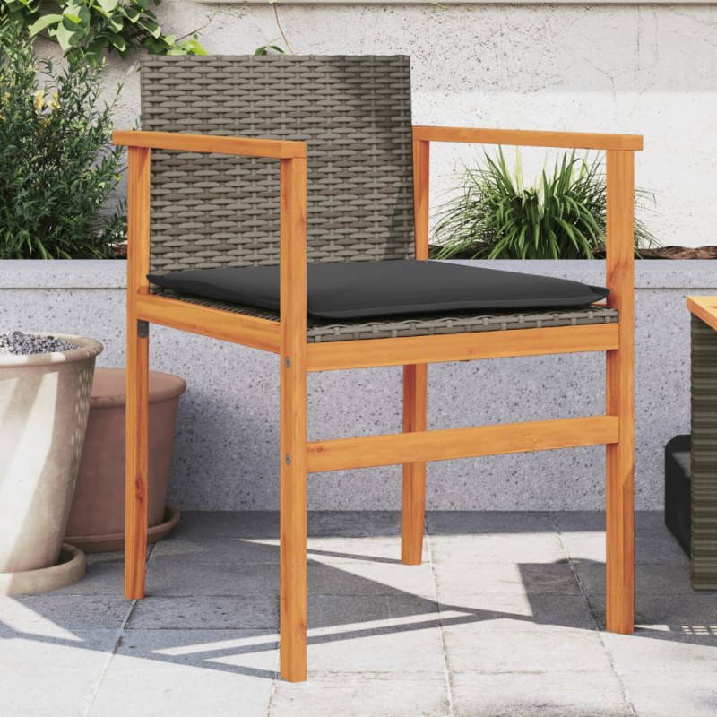 vidaXL Sillas de jardín y cojines 2 uds ratán PE gris y madera maciza vidaXL Sillas de jardín y cojines 2 uds ratán PE gris y madera maciza