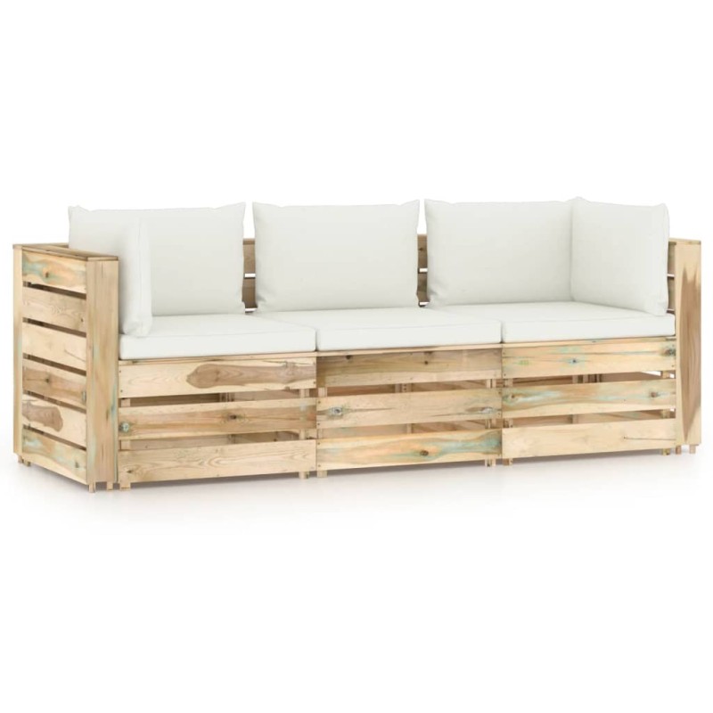 vidaXL Sofá de palets 3 plazas cojines madera de pino impregnada verde vidaXL Sofá de palets 3 plazas cojines madera de pino impregnada verde