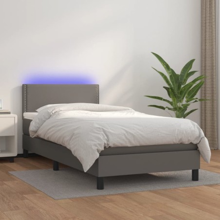 vidaXL Cama box spring y colchón LED cuero sintético gris 90x190 cm