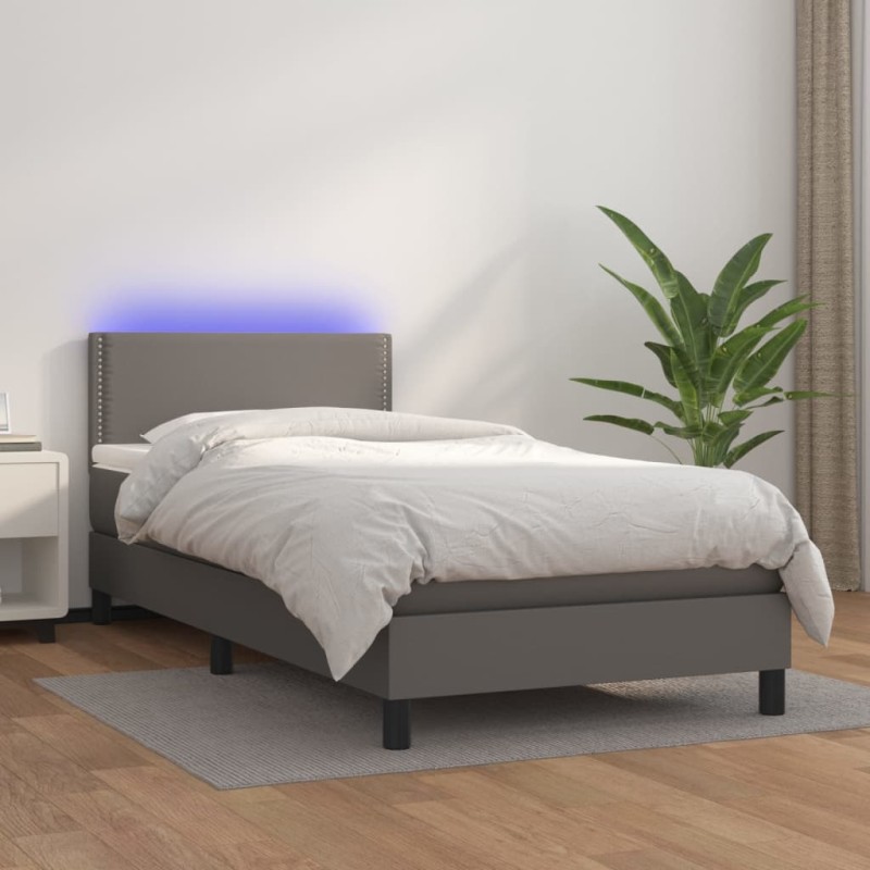 vidaXL Cama box spring y colchón LED cuero sintético gris 90x200 cm vidaXL Cama box spring y colchón LED cuero sintético gris 90x200 cm