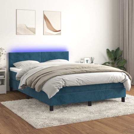 vidaXL Cama box spring colchón y LED terciopelo azul oscuro 140x190 cm