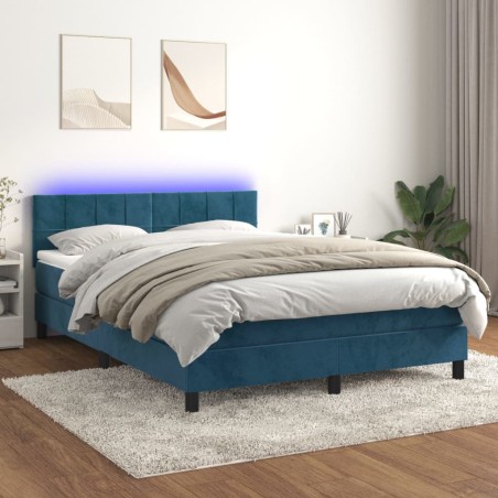 vidaXL Cama box spring colchón y LED terciopelo azul oscuro 140x200 cm