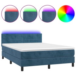 vidaXL Cama box spring colchón y LED terciopelo azul oscuro 140x200 cm