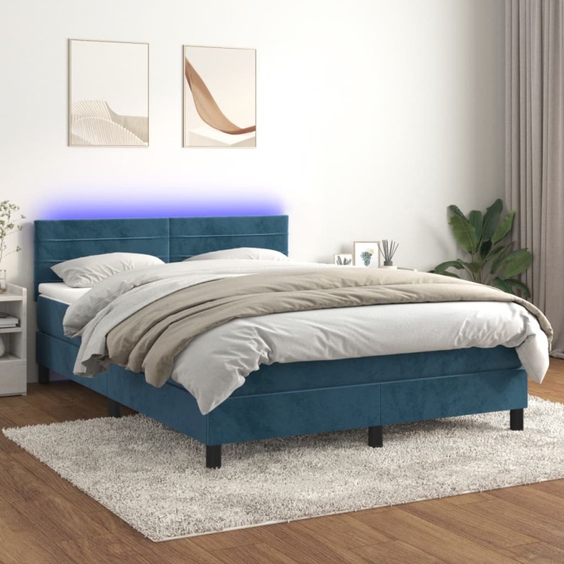 vidaXL Cama box spring colchón y LED terciopelo azul oscuro 140x190 cm vidaXL Cama box spring colchón y LED terciopelo azul oscuro 140x190 cm
