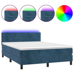 vidaXL Cama box spring colchón y LED terciopelo azul oscuro 140x190 cm