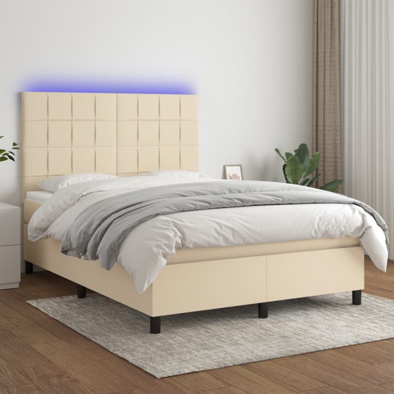vidaXL Cama box spring colchón y luces LED tela crema 140x200 cm vidaXL Cama box spring colchón y luces LED tela crema 140x200 cm