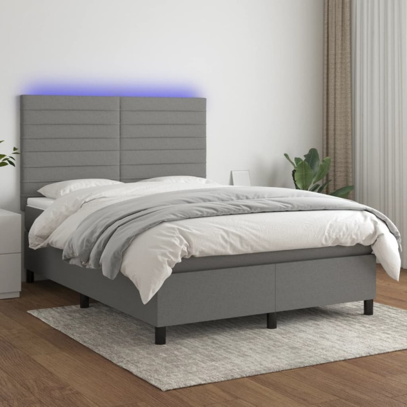 vidaXL Cama box spring colchón y luces LED tela gris oscuro 140x200 cm vidaXL Cama box spring colchón y luces LED tela gris oscuro 140x200 cm