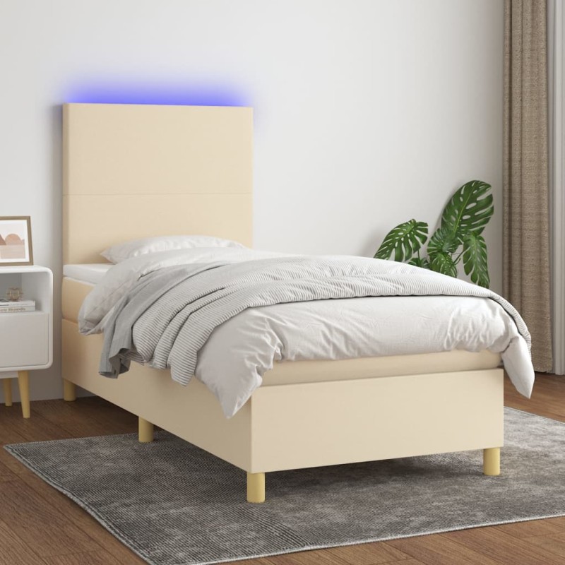 vidaXL Cama box spring colchón y luces LED tela crema 100x200 cm vidaXL Cama box spring colchón y luces LED tela crema 100x200 cm