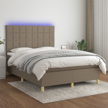vidaXL Cama box spring colchón y luces LED tela gris taupe 140x190 cm