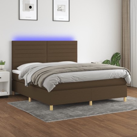 vidaXL Cama box spring colchón luces LED tela marrón oscuro 180x200cm