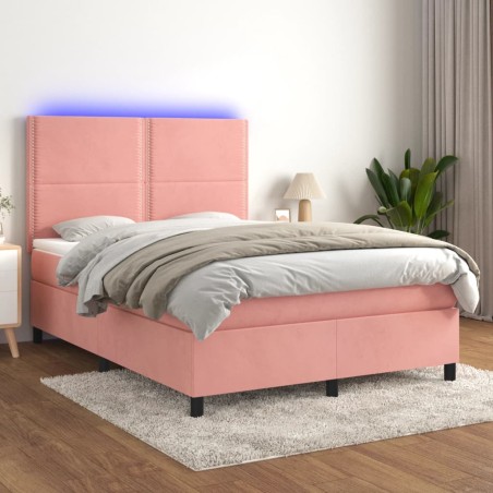 vidaXL Cama box spring colchón y LED terciopelo rosa 140x190 cm
