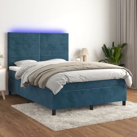vidaXL Cama box spring colchón y LED terciopelo azul oscuro 140x200 cm