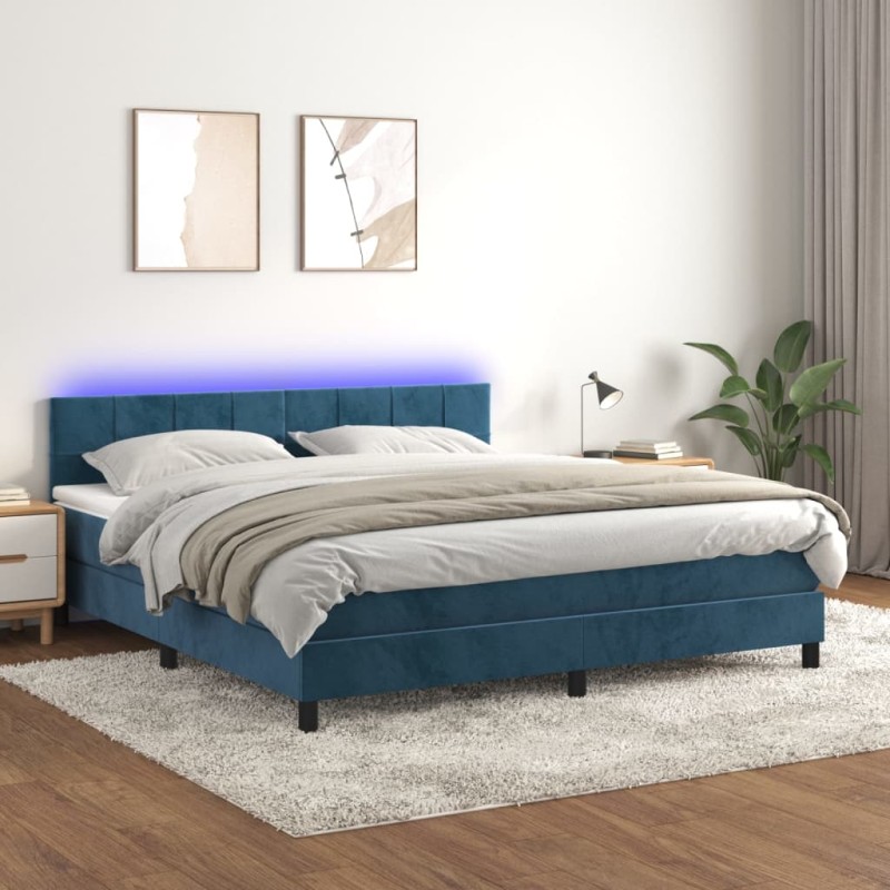 vidaXL Cama box spring colchón y LED terciopelo azul oscuro 180x200 cm vidaXL Cama box spring colchón y LED terciopelo azul oscuro 180x200 cm