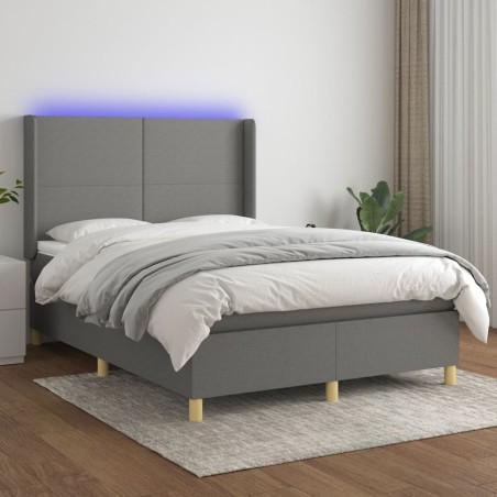 vidaXL Cama box spring colchón y luces LED tela gris oscuro 140x190 cm